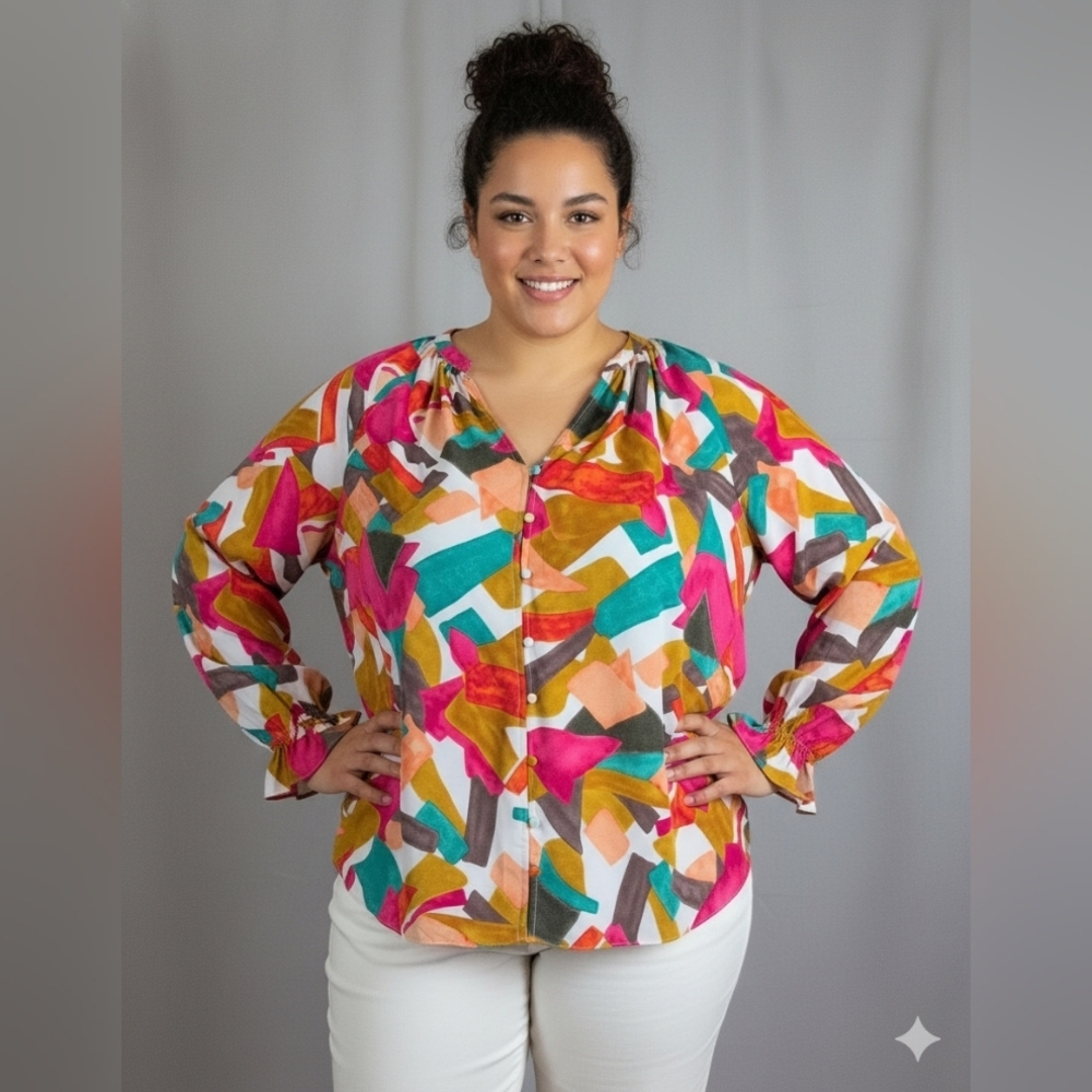Entro Vibrant Multicolor Button Down Shirt 1X